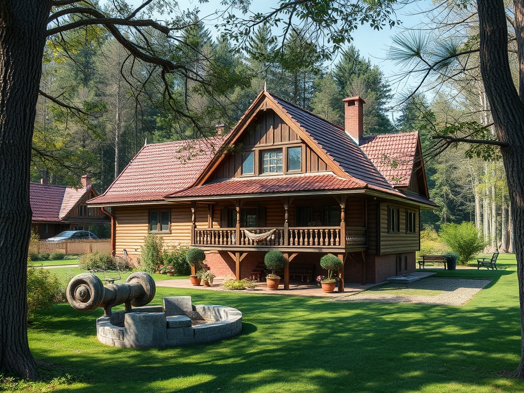 Добровольный дом в деревенском стиле с красной крышей, окруженный зеленым садом и лесом.