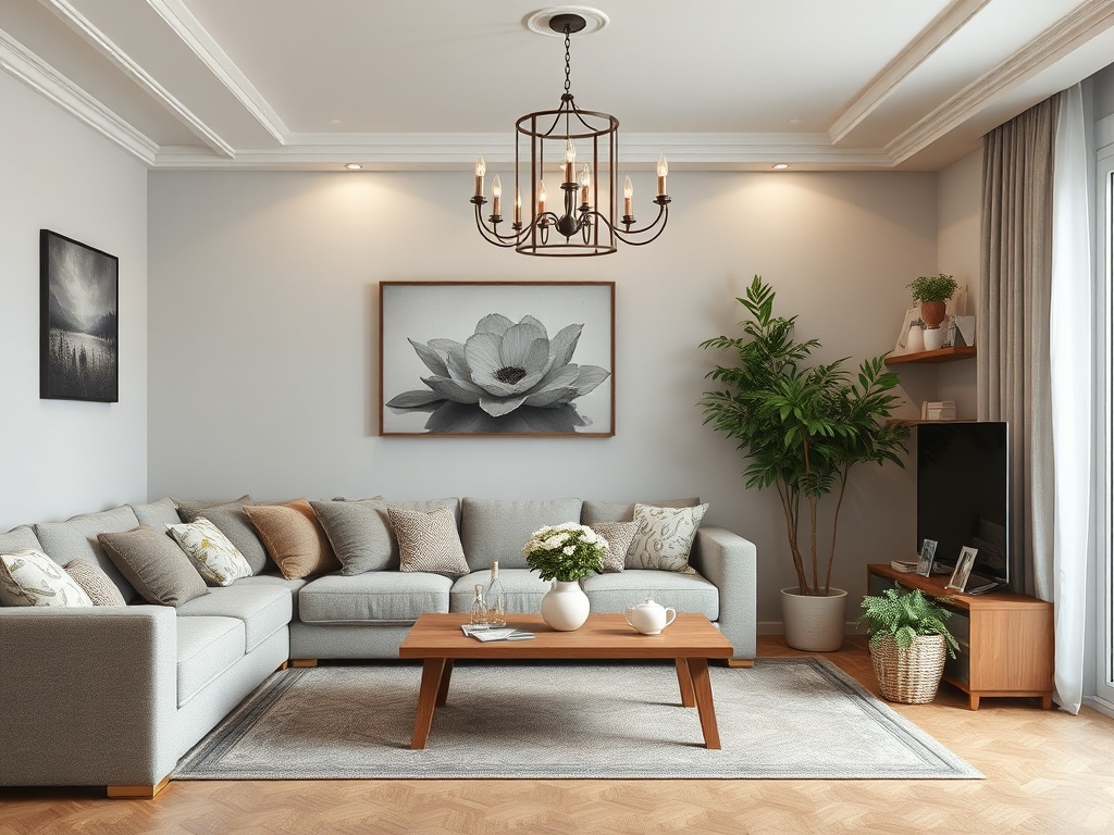 Современная гостиная с серым угловым диваном, кофейным столиком и зелеными растениями на фоне светлых стен.