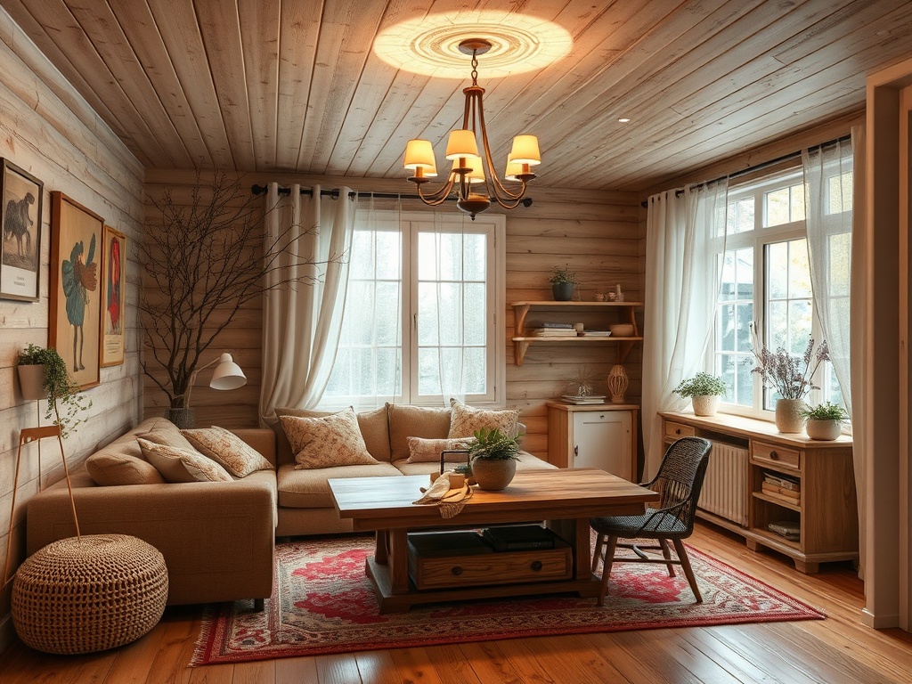 Уютная гостиная с деревянными стенами, диваном, столом, шкафом и большими окнами, наполненная светом.