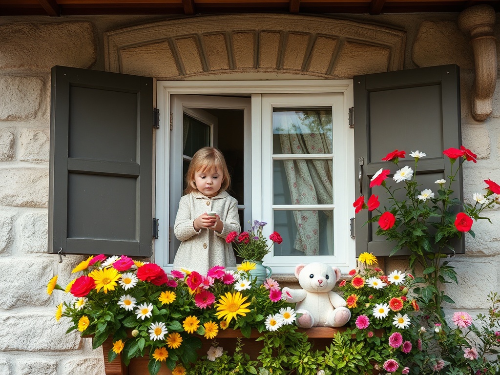 На окне стоит девочка с цветами и игрушечным медведем, окруженная яркими весенними цветами.