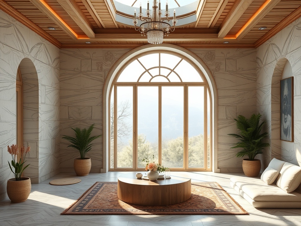 Светлое современное помещение с большими окнами и дизайнерской мебелью, украшенное растениями и ковром.