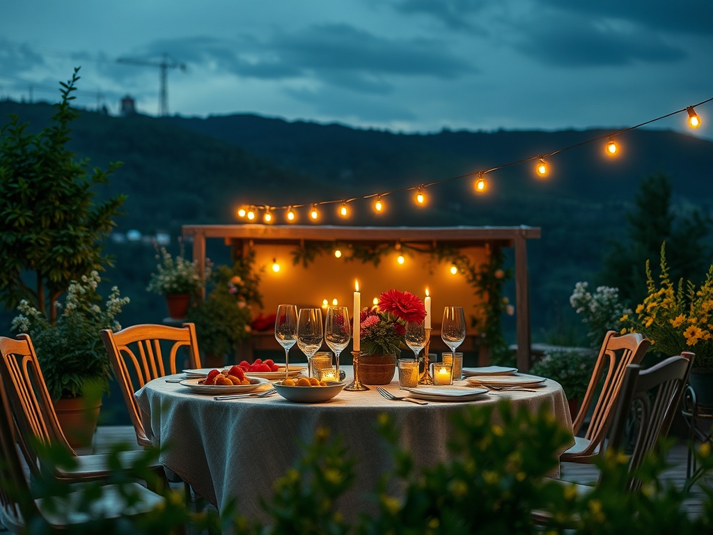 Уютный вечерний стол на улице, украшенный цветами и свечами, окружённый огоньками и зеленью.
