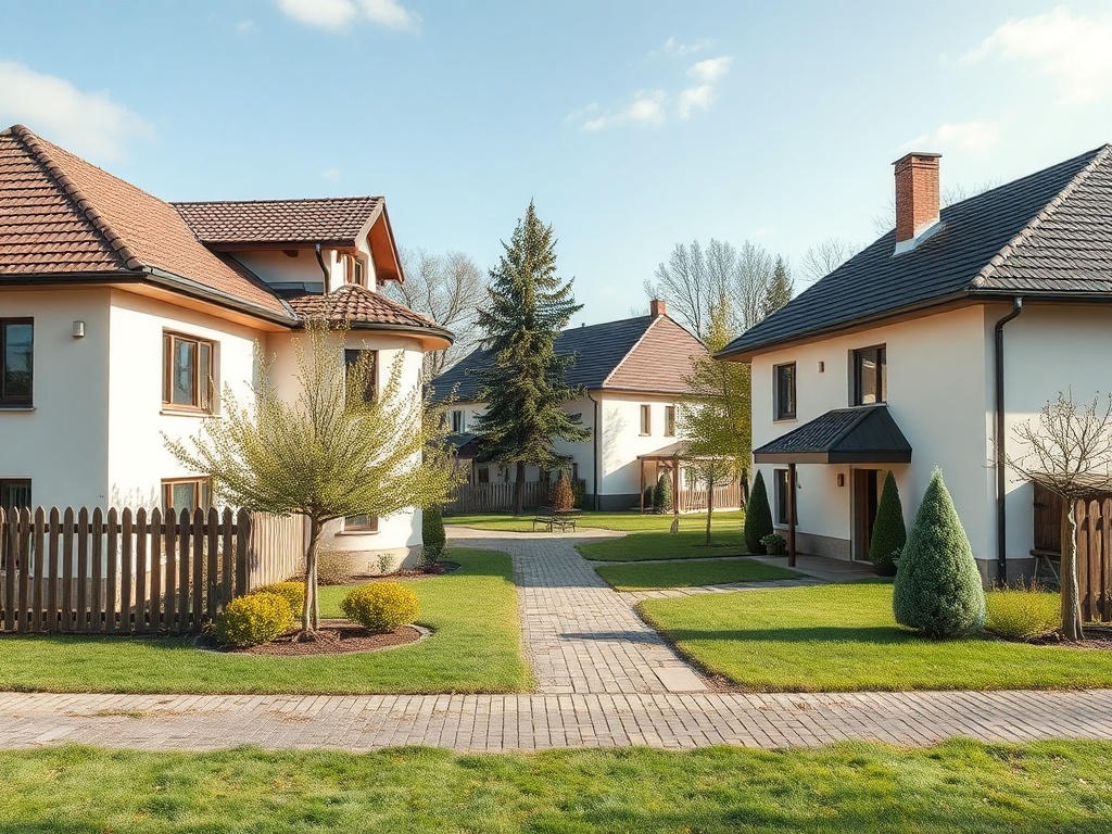 Два современных дома с аккуратным зелёным двором и мощёной дорожкой между ними на солнечном дне.