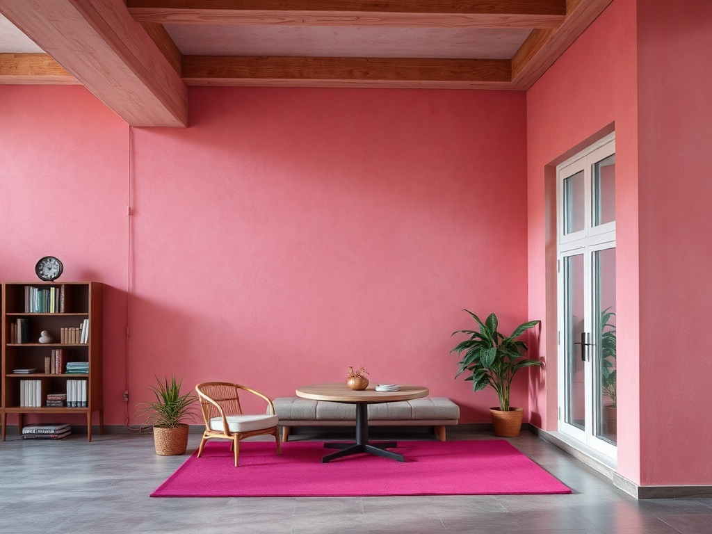 Современная комната с розовыми стенами, уютным диваном и столом, украшенная растениями и часами.