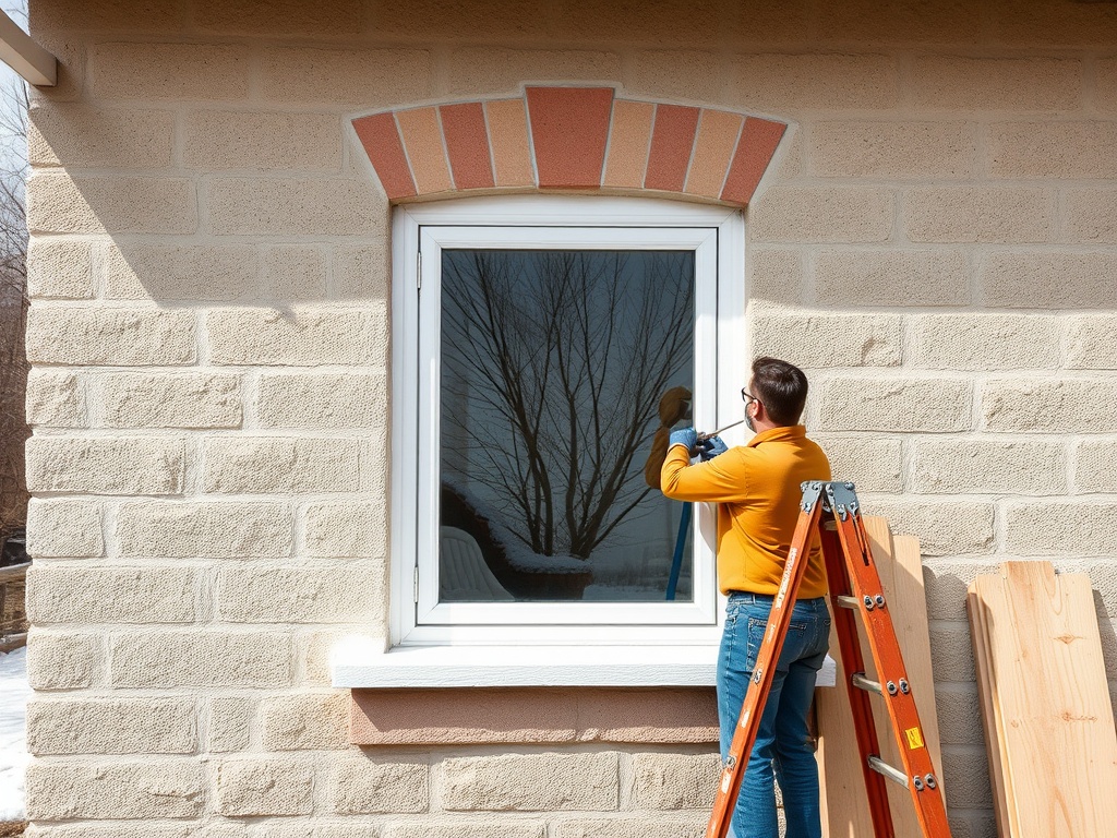 Мужчина чистит окно на лестнице, рядом лежат строительные материалы и видно дерево на улице.