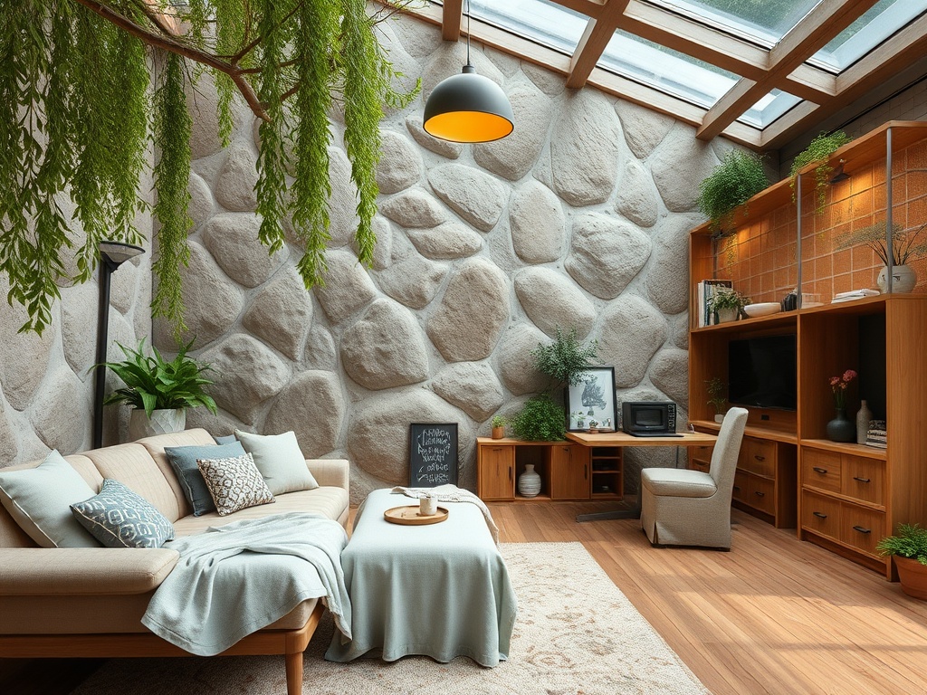 Современный интерьер с мягким диваном, деревянной мебелью и каменной стеной, наполненный зеленью и светом.