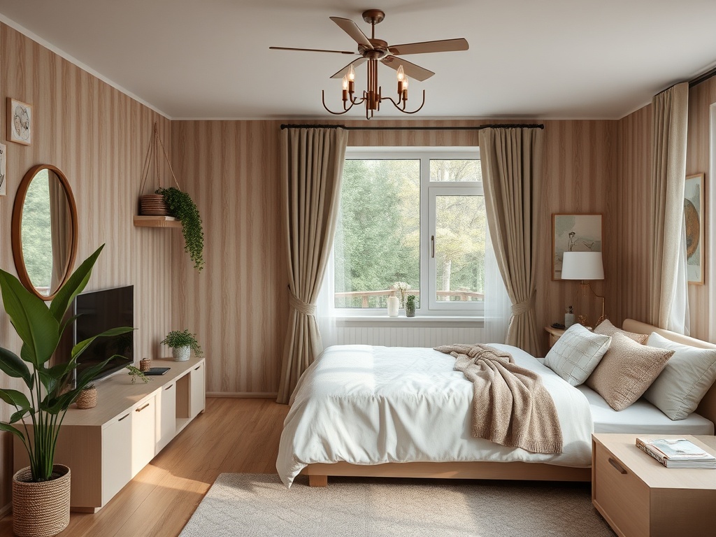 Современная спальня с большим окном, уютной кроватью и зелеными растениями, создающая атмосферу уюта.