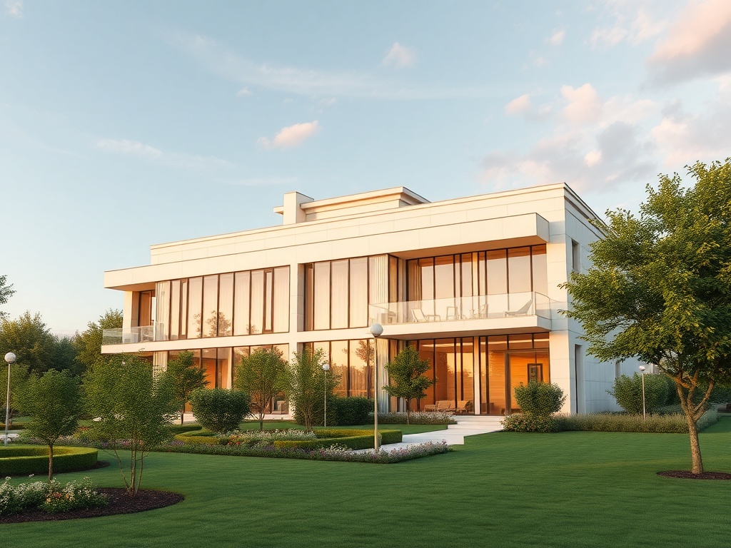 Современный дом с большими окнами и ухоженным садом на фоне ясного неба.
